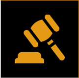 Frame 112 Orange gavel icon on black background.