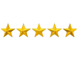 Five gold stars rating on black background