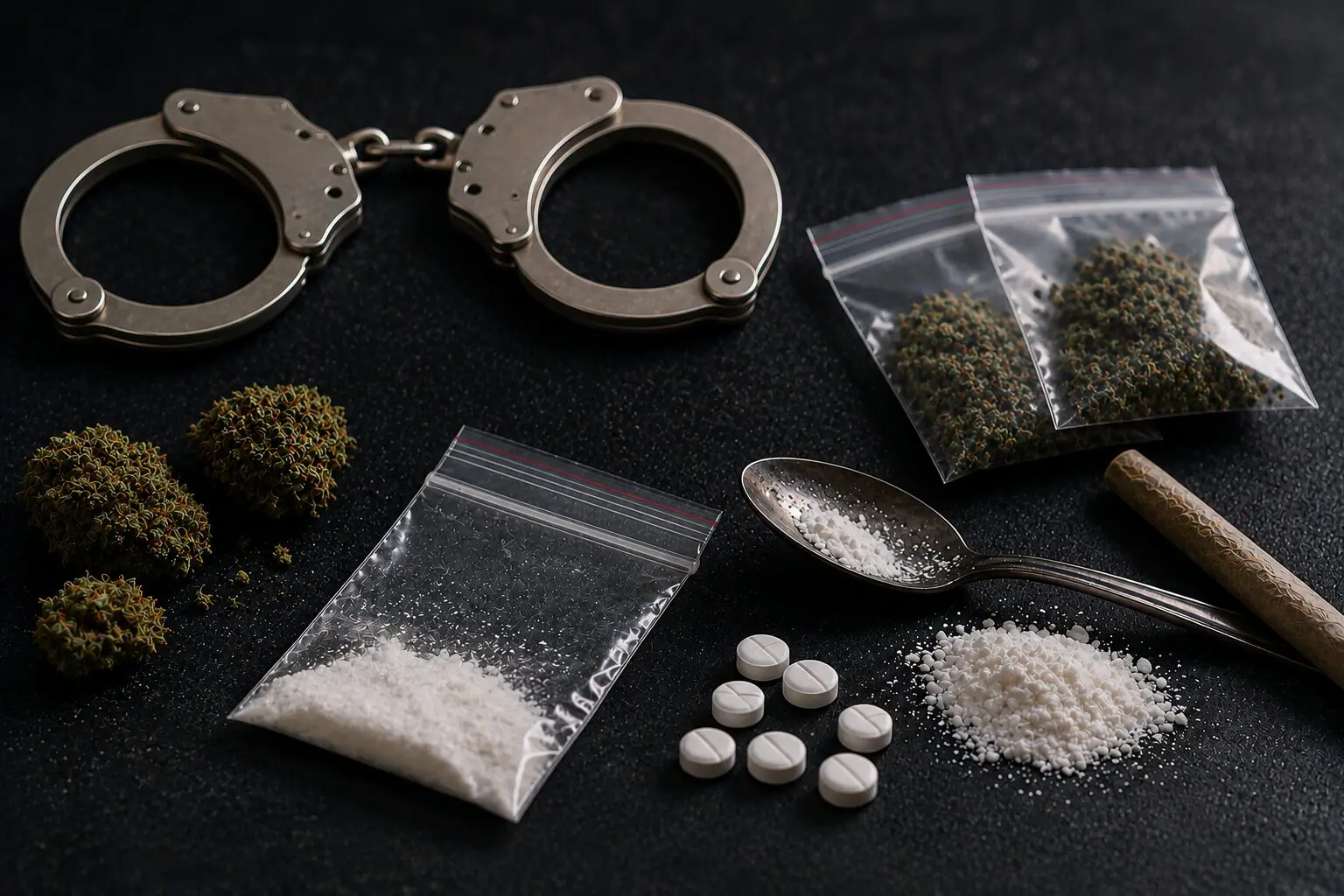 Handcuffs beside various drug paraphernalia and substances.