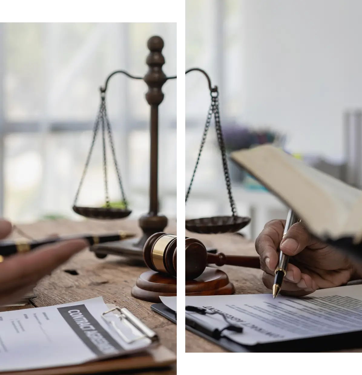 Legal professionals working with documents, a gavel, and scales of justice on the desk.