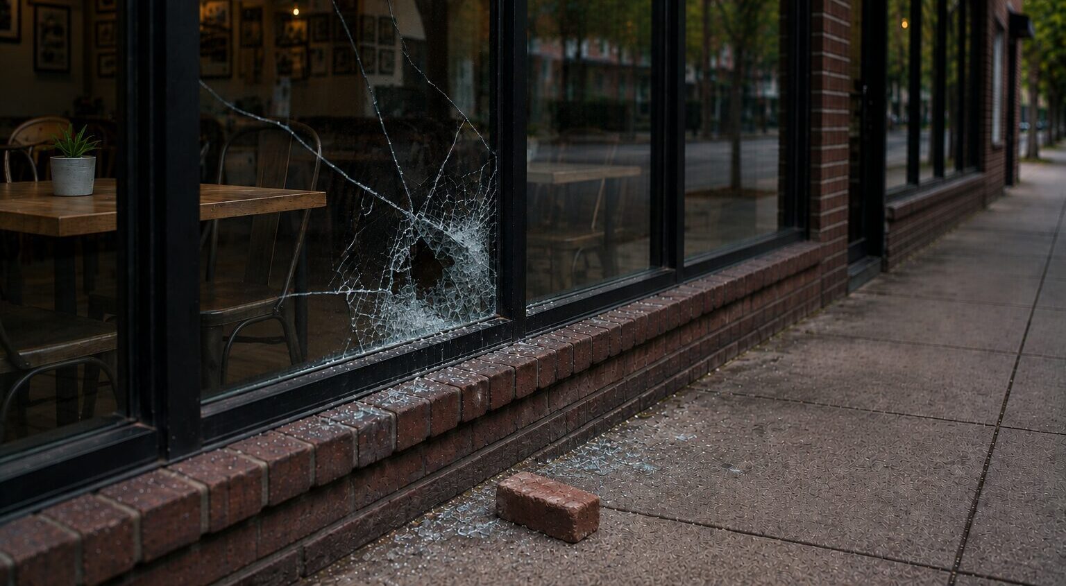 Shattered window with a brick on the ground.