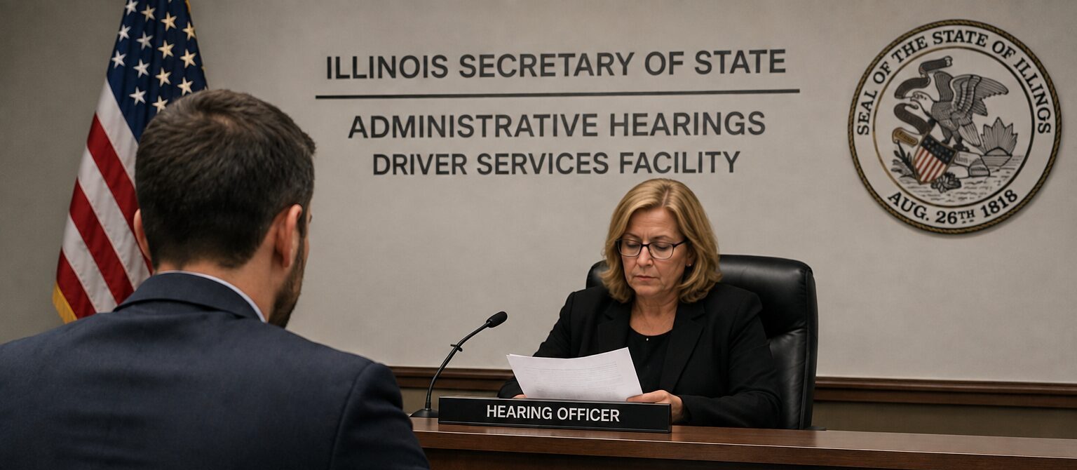 Hearing officer reviewing documents in official setting.